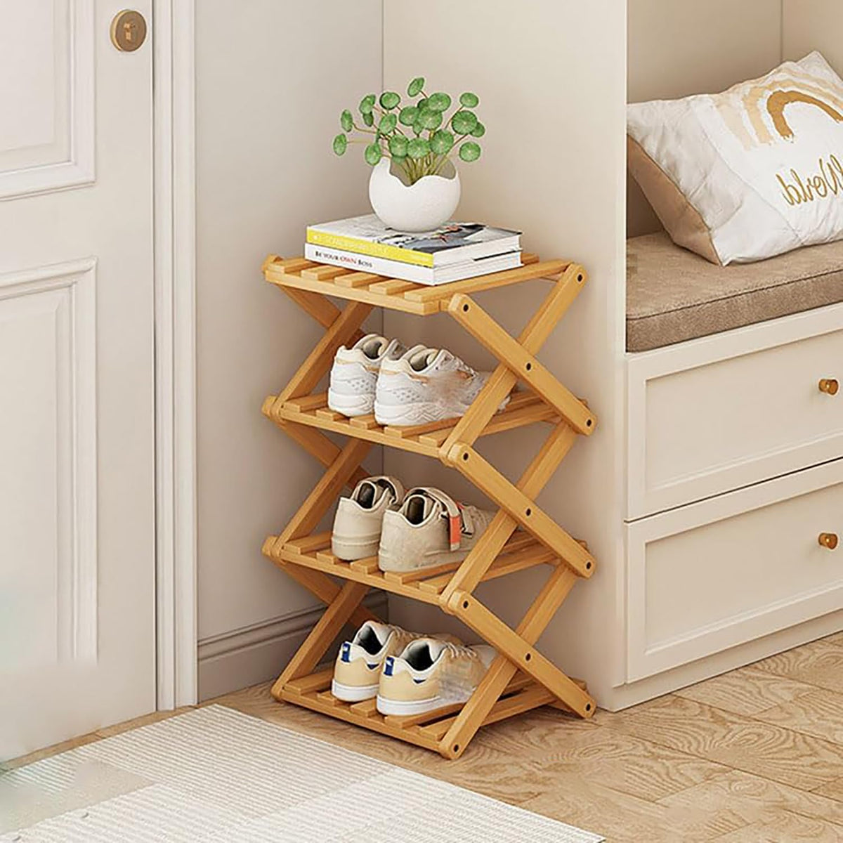 Akloya vertical shoe rack with four tiers, space-saving storage for busy entryways.