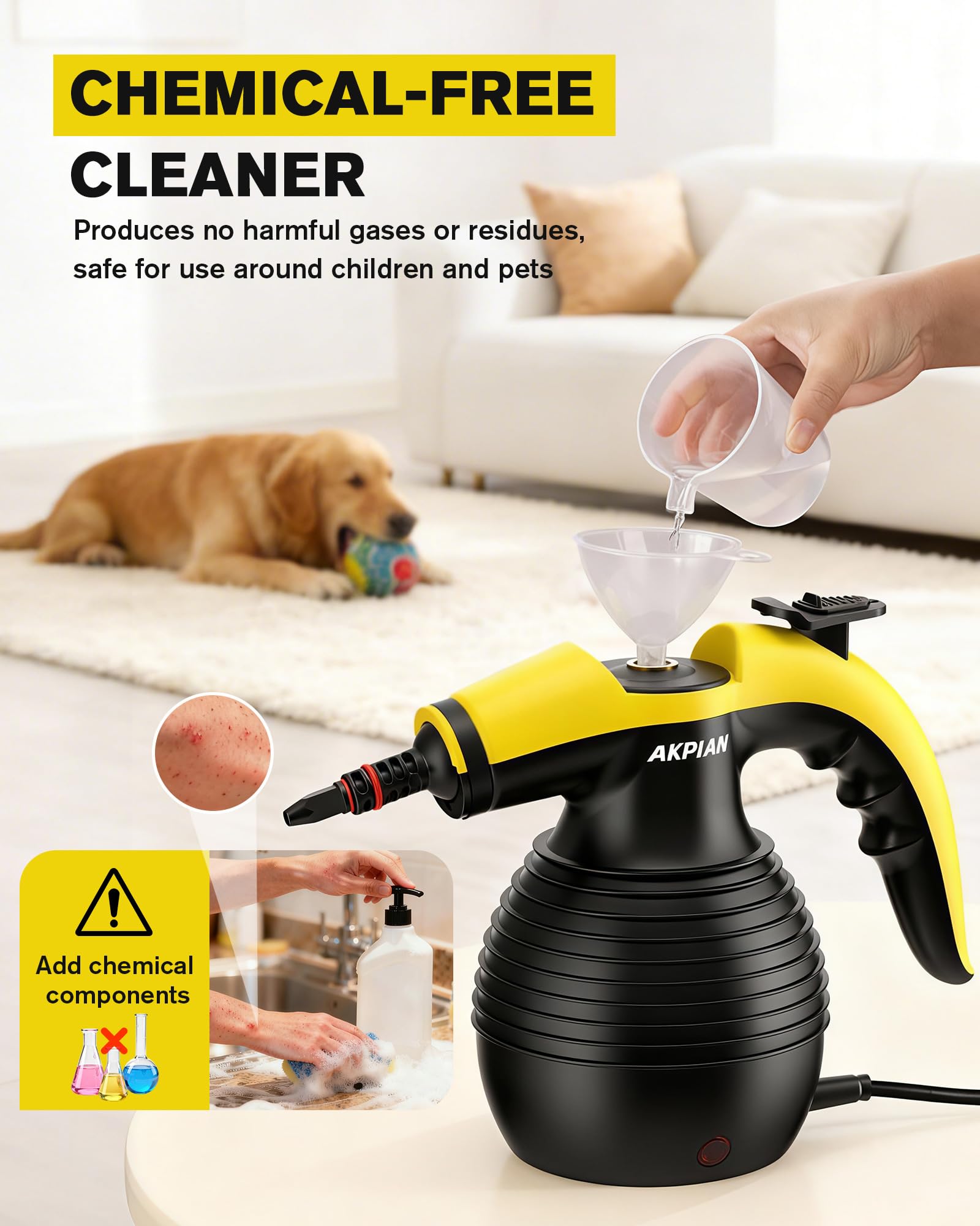 AKPIAN steam cleaner brush tool cleans grout and stubborn residues.
