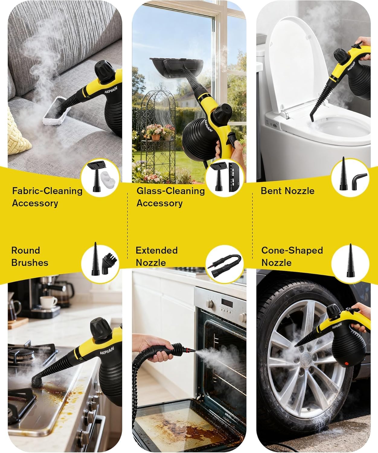 AKPIAN car interior tool lifts dirt from upholstery with hot steam.