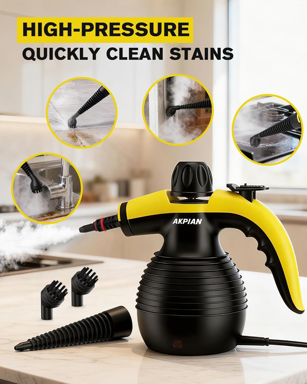 AKPIAN window wiper accessory cleans glass with chemical-free steam.