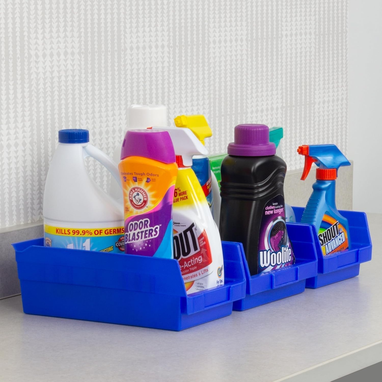 Akro-Mils blue 12-inch shelf bin on angled view