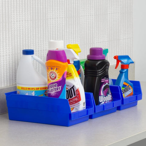Akro-Mils blue 12-inch shelf bin on angled view