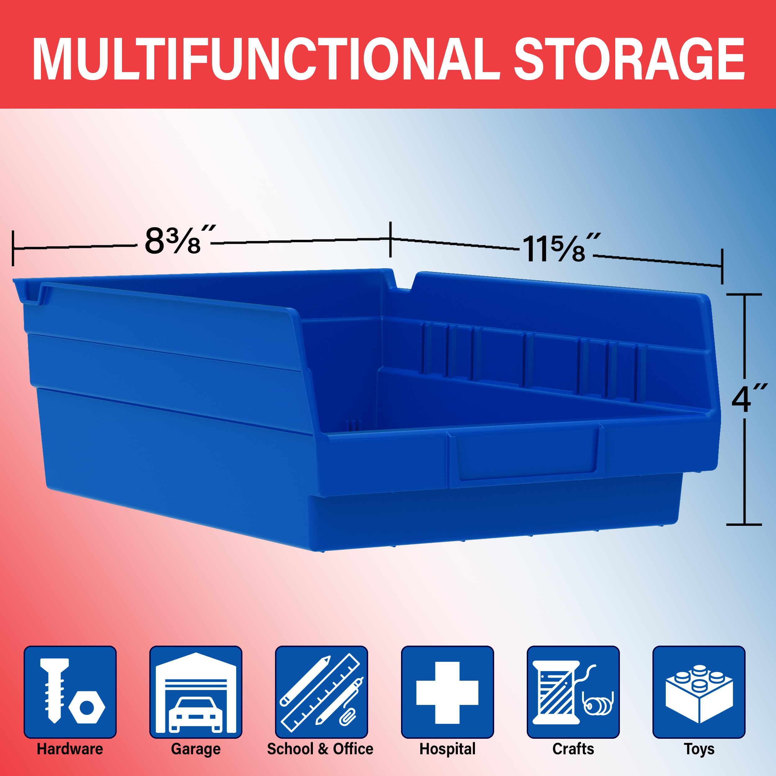 Akro-Mils blue shelf bin side view ideal for closet organization