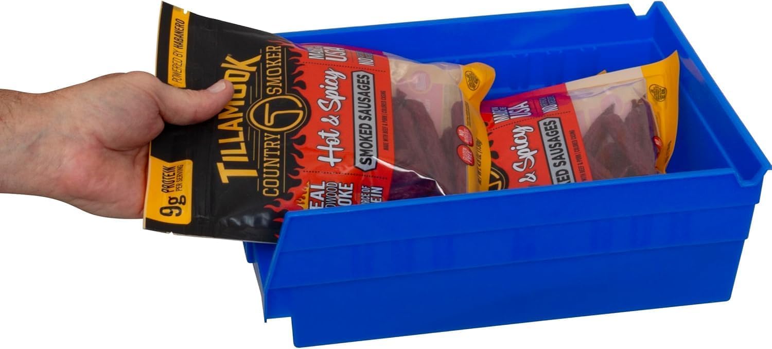 Akro-Mils blue stack-ready feature for compact storage