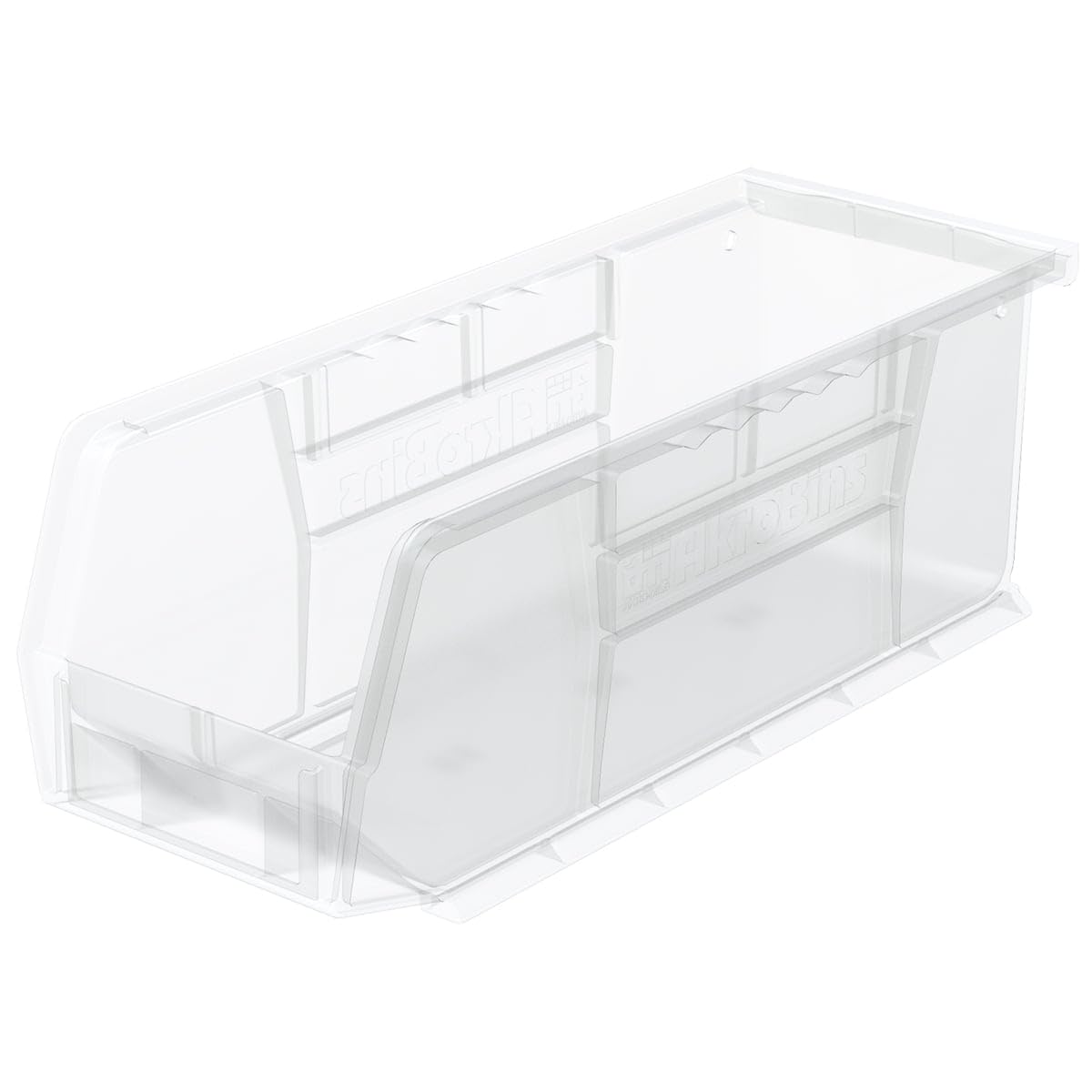 Akro-Mils AkroBins front view showing clear stackable storage for easy access