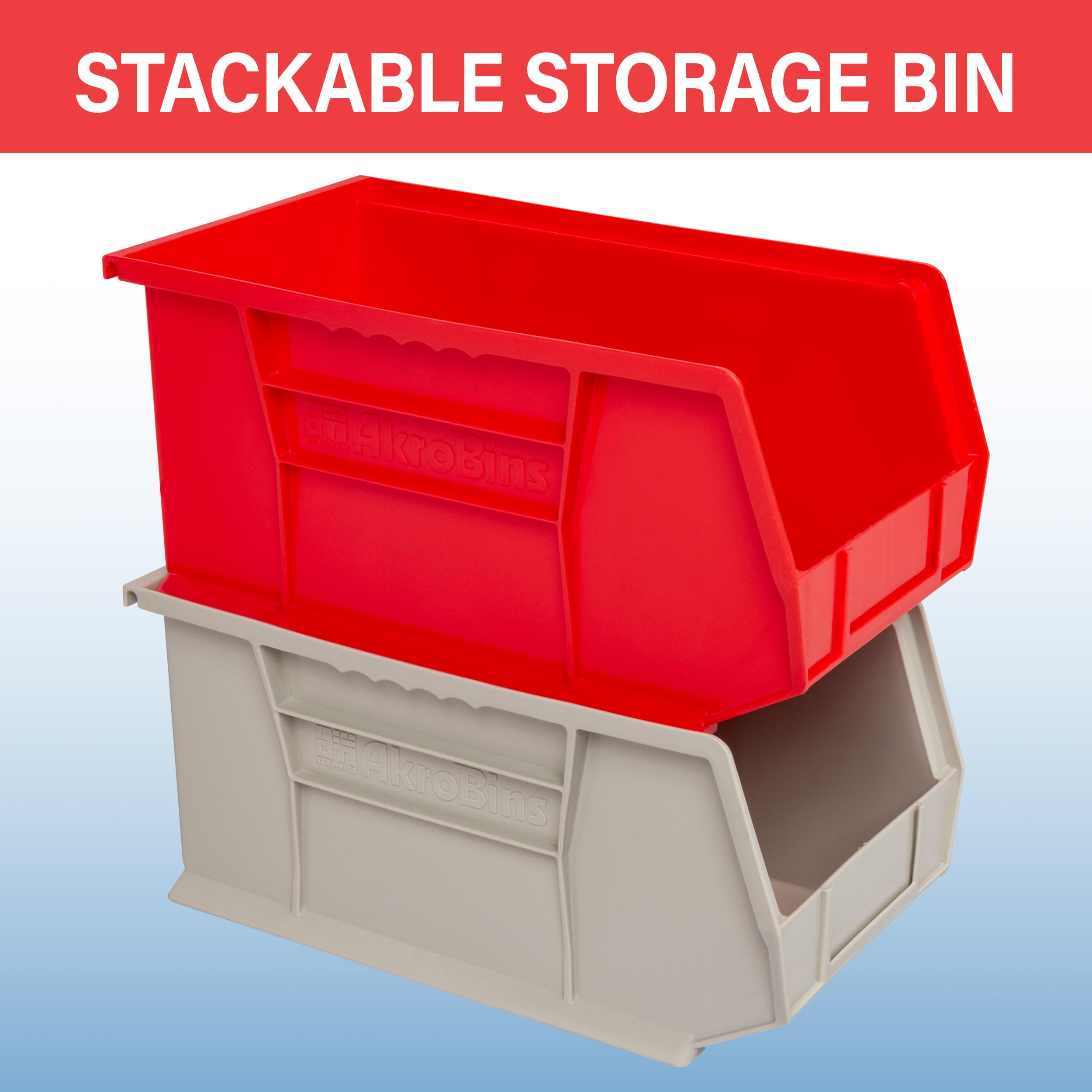 Akro-Mils AkroBins extra-wide ledge stabilizes stacked units.