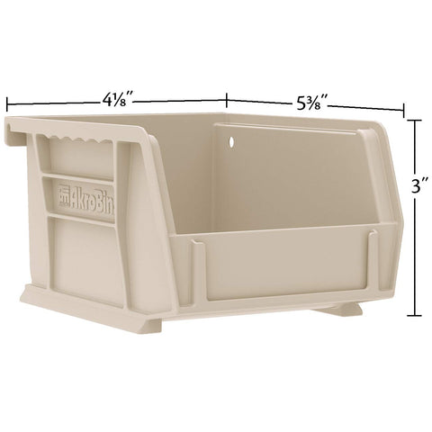 Akro-Mils AkroBins interior dimensions indicate desk-drawer compatibility and compact storage.