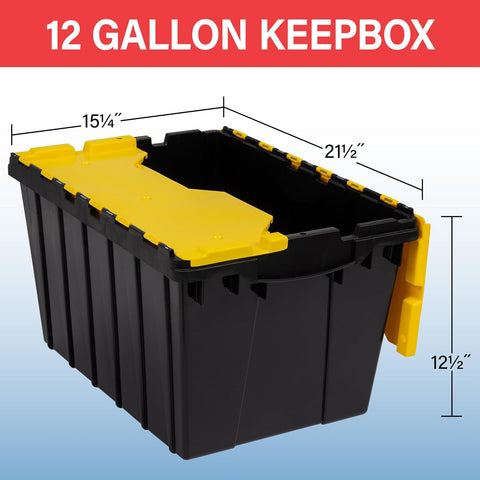 Stacked KeepBoxes with lids closed demonstrating space efficiency