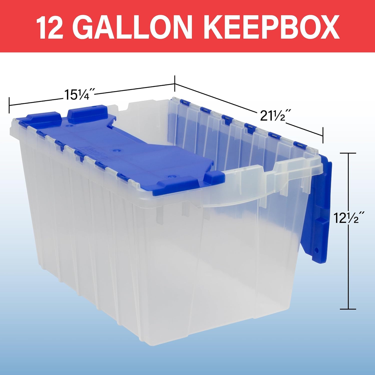 Clear and versatile KeepBox stacks and nests on shelves for space efficiency.