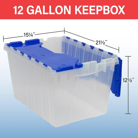 Clear and versatile KeepBox stacks and nests on shelves for space efficiency.