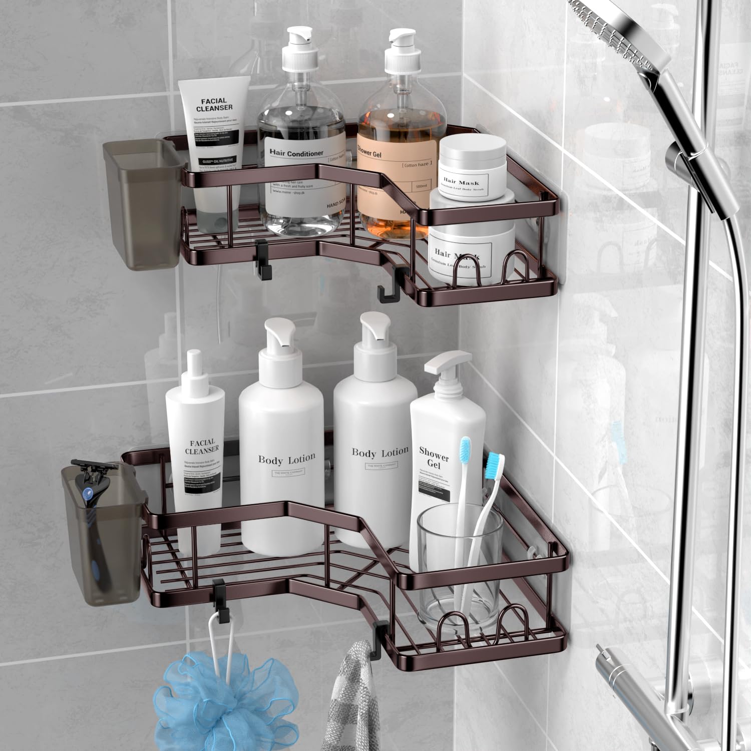 AKTECKE adhesive corner shelves mounted on tiled wall for heavy bottles.