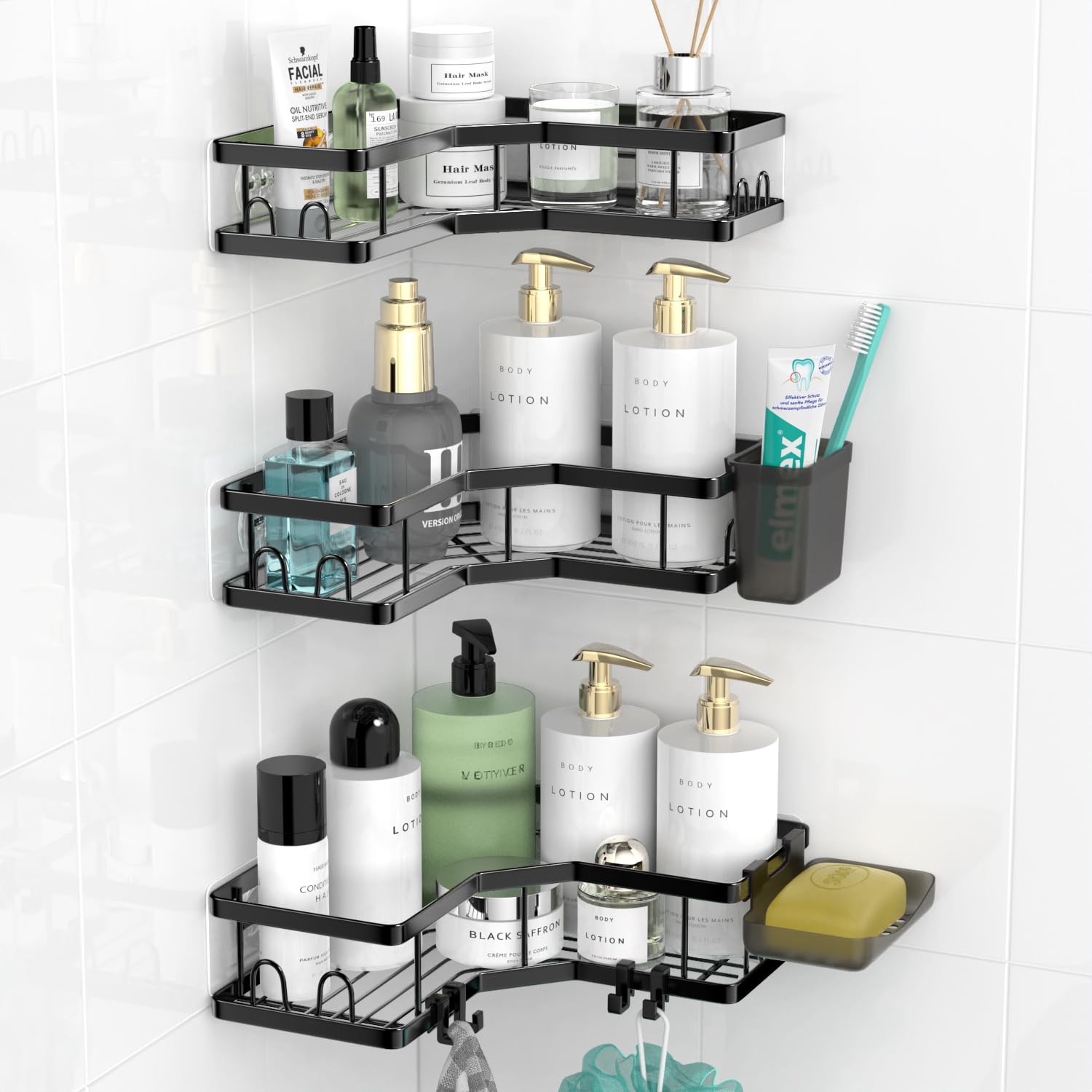 AKTECKE corner shower caddy fits 90 degree walls for compact bathroom organization.