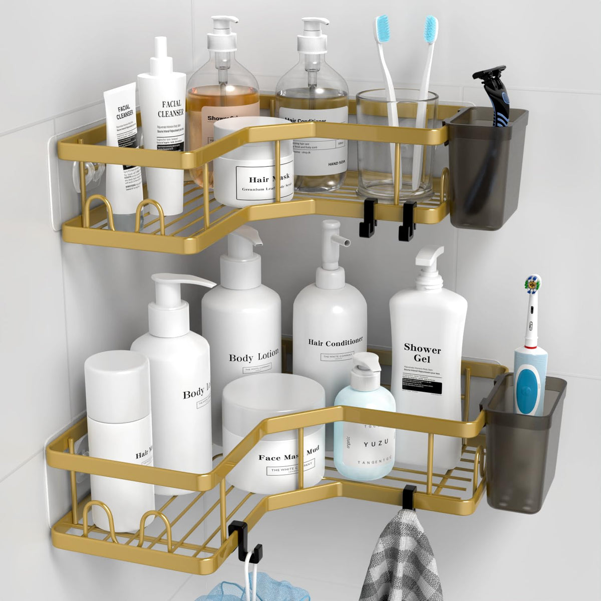 AKTECKE corner shower caddy in gold mounted to tile corner for organized shower