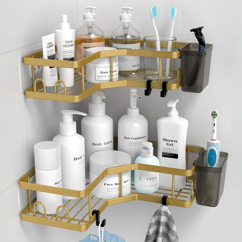 AKTECKE corner shower caddy in gold mounted to tile corner for organized shower