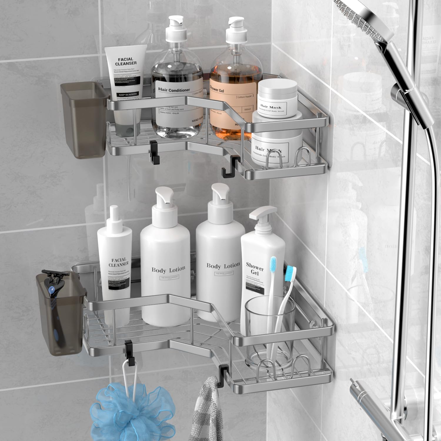 AKTECKE shower caddy with hooks and toothpaste holder for easy access.