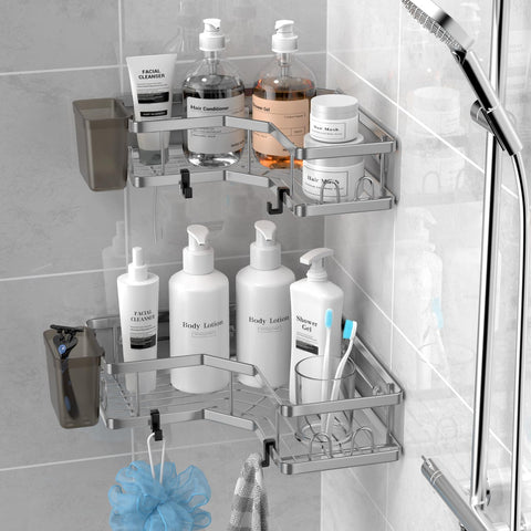 AKTECKE shower caddy with hooks and toothpaste holder for easy access.