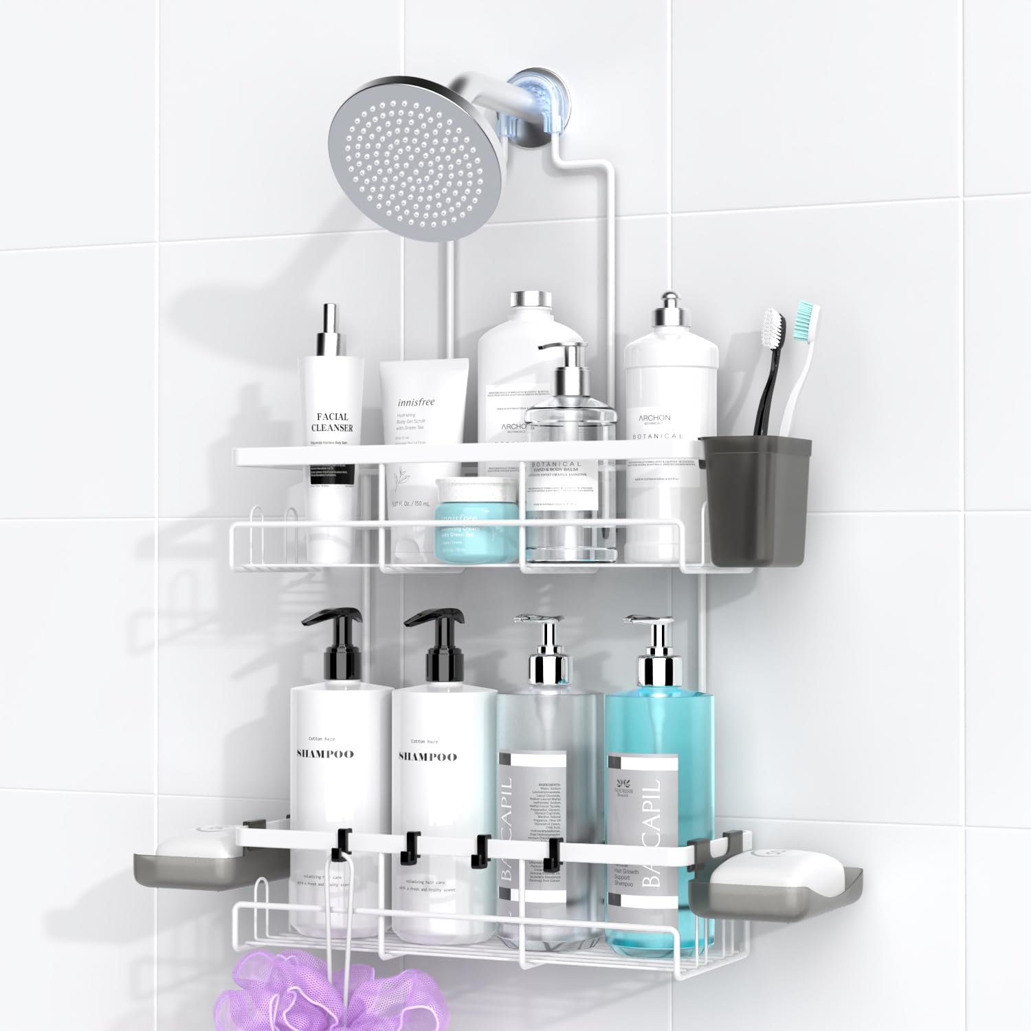 AKTECKE shower caddy overhead installation showing secure no drill setup for bathrooms