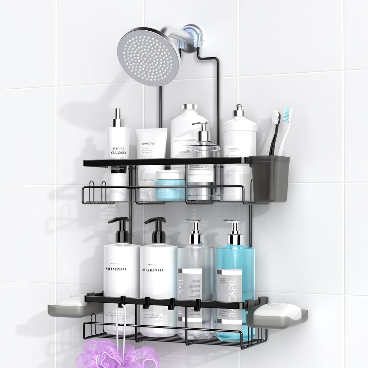 AKTECKE shower caddy overhead shelf with strong suction for wobble-free storage.