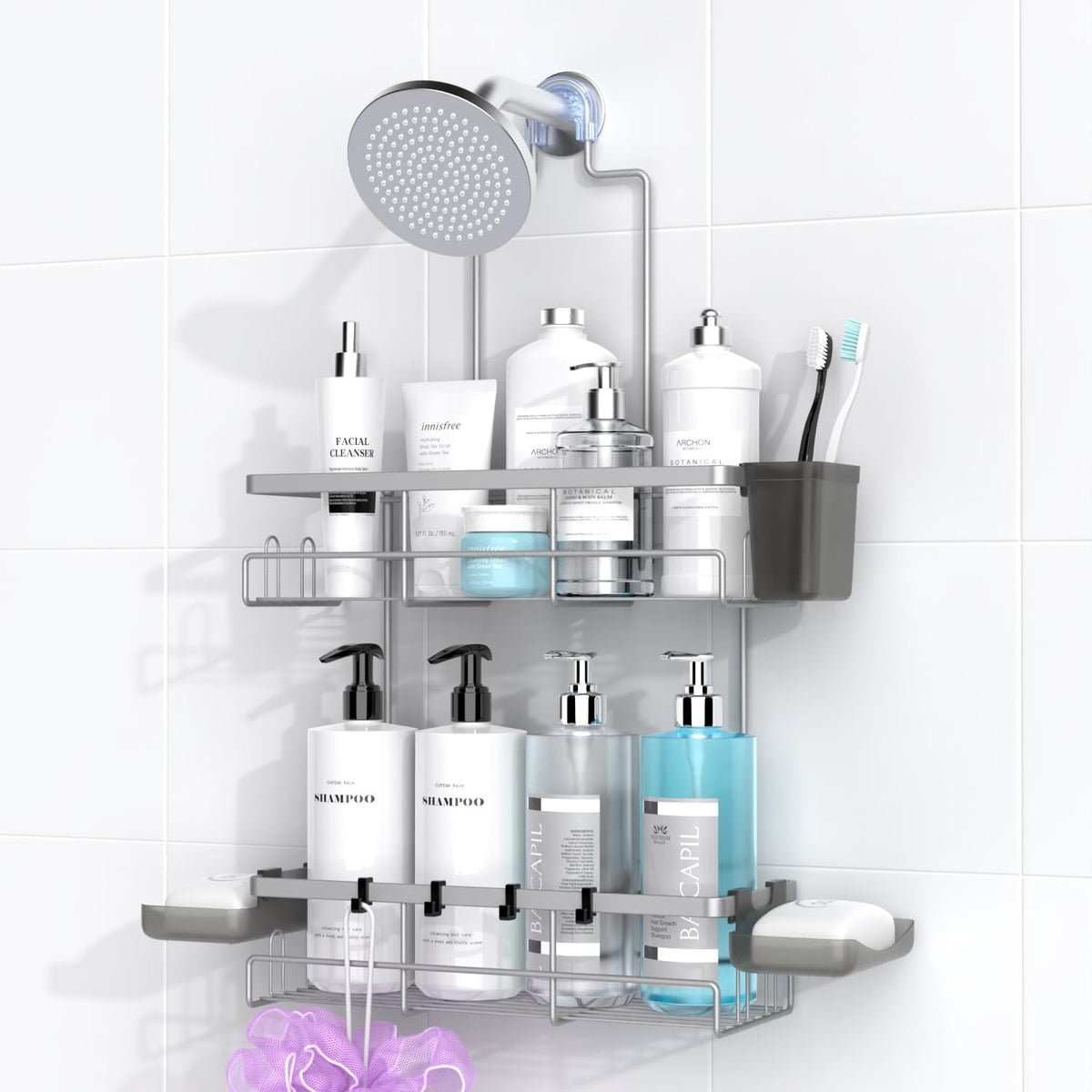 AKTECKE shower caddy overhead showerhead fit stabilizes bottles during use