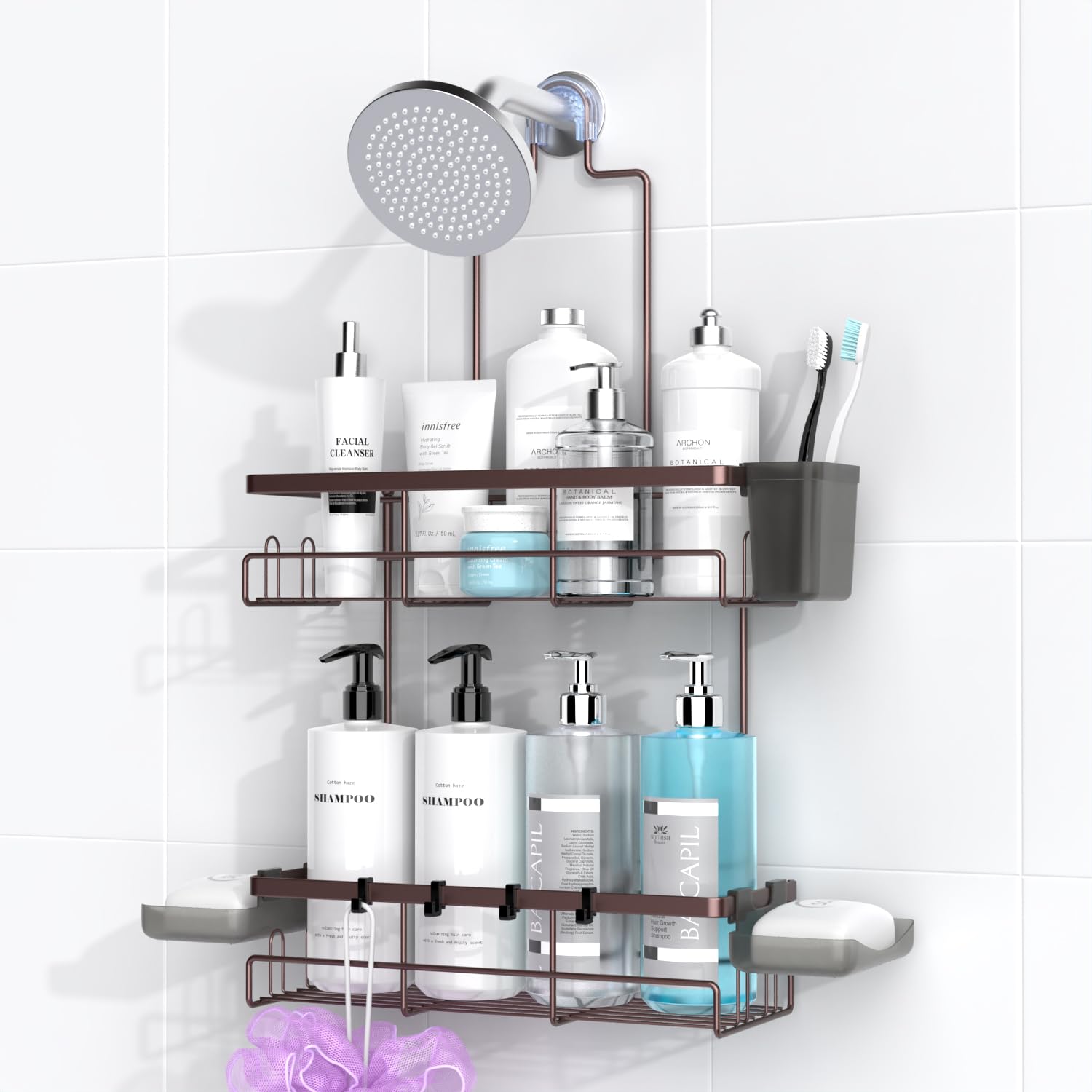 AKTECKE overhead showerhead caddy keeps toiletries secure and easy to reach.