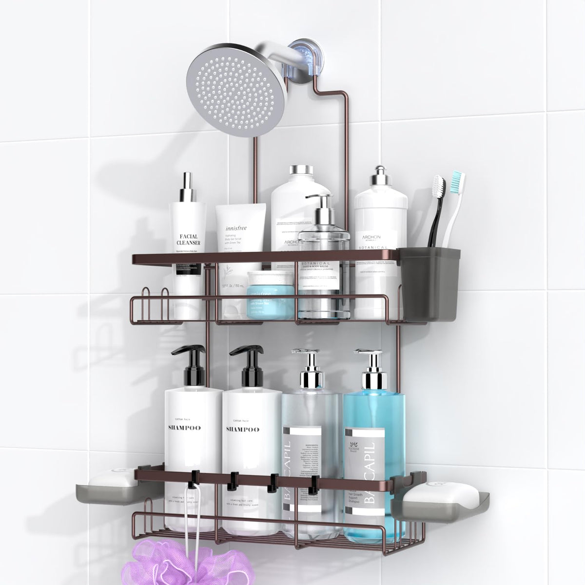 AKTECKE overhead showerhead caddy keeps toiletries secure and easy to reach.