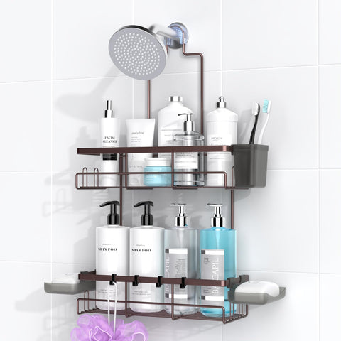 AKTECKE overhead showerhead caddy keeps toiletries secure and easy to reach.