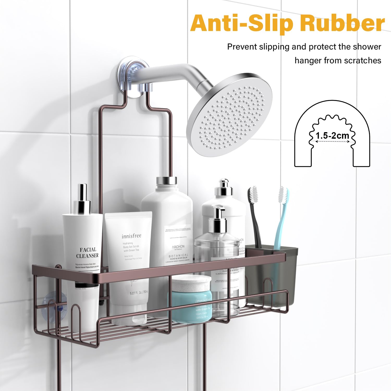 AKTECKE two-tier baskets maximize storage for shampoo, conditioner, and soap.