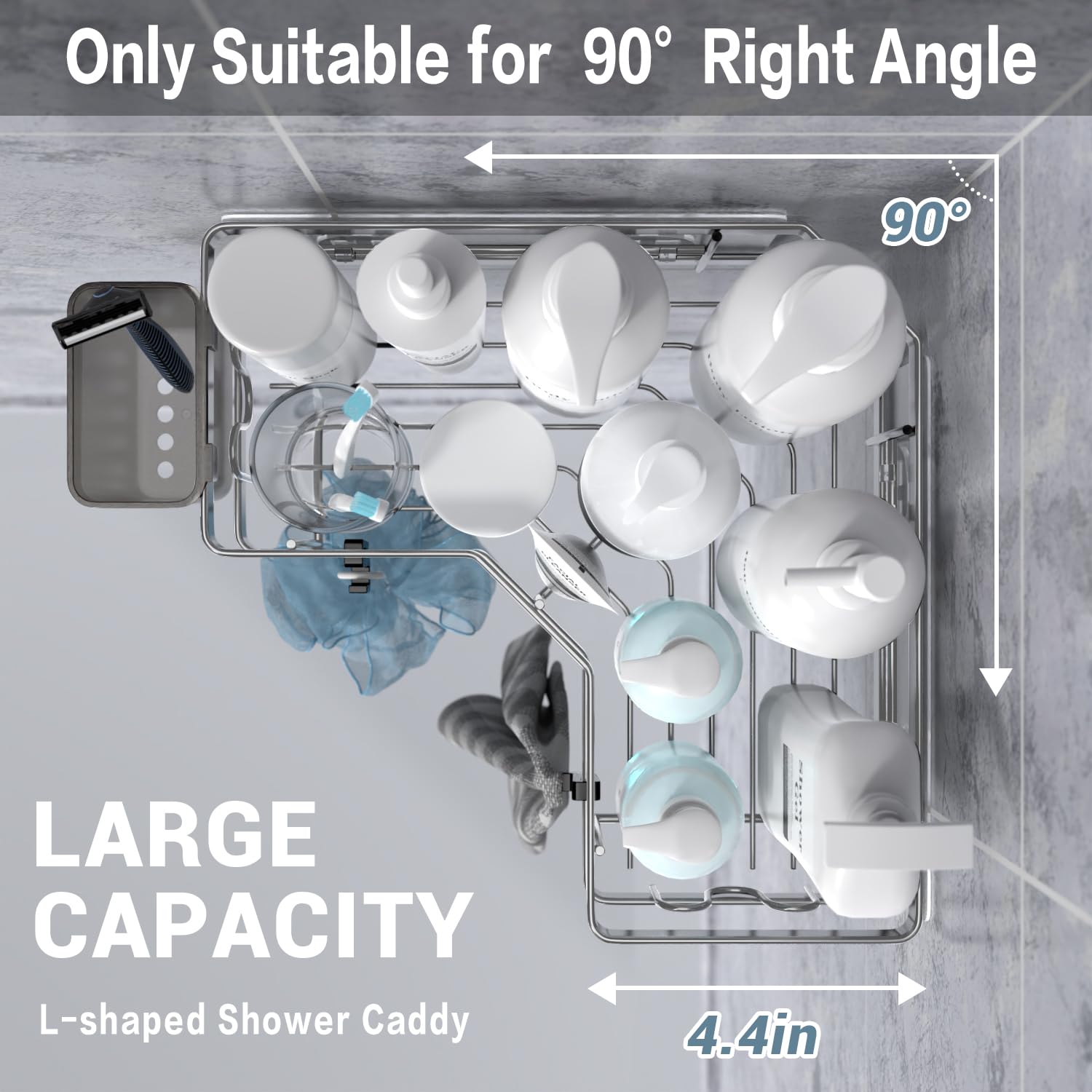 Stainless steel AKTECKE shower shelf with adhesive mount for a clean look.