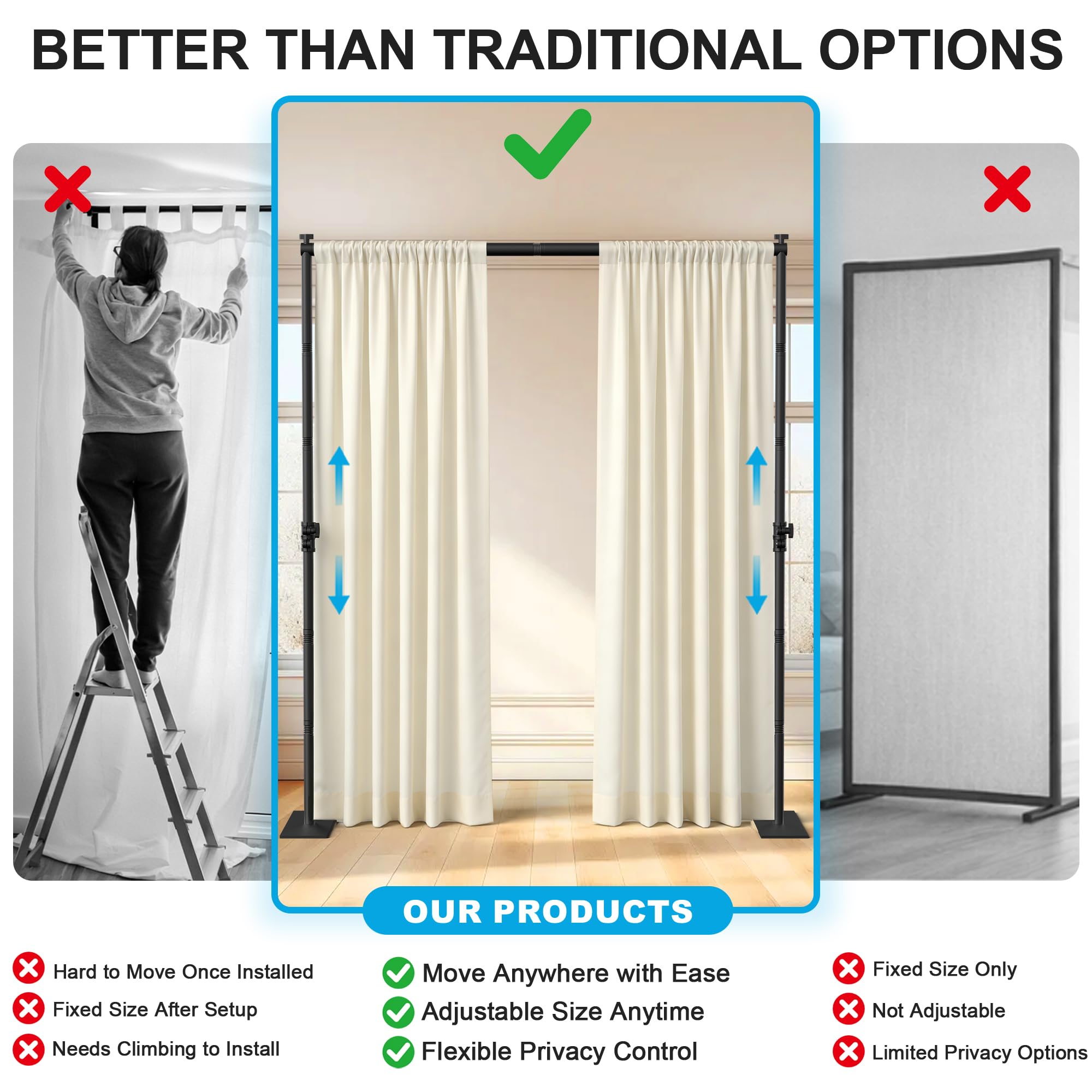 AKTOP durable metal frame offers reliable support for everyday room division.