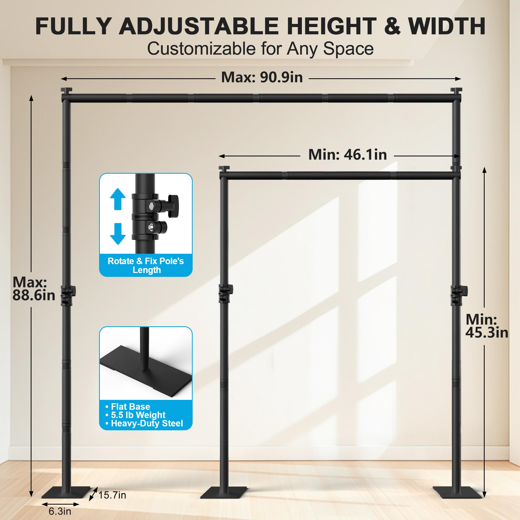 AKTOP telescopic poles extend to fit different heights for customizable room separation.