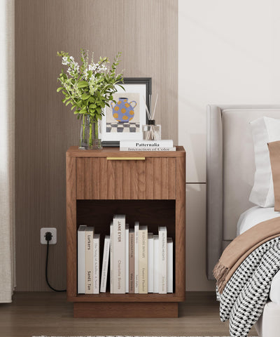 Akxomel fluted nightstand with charging station keeps devices powered within reach