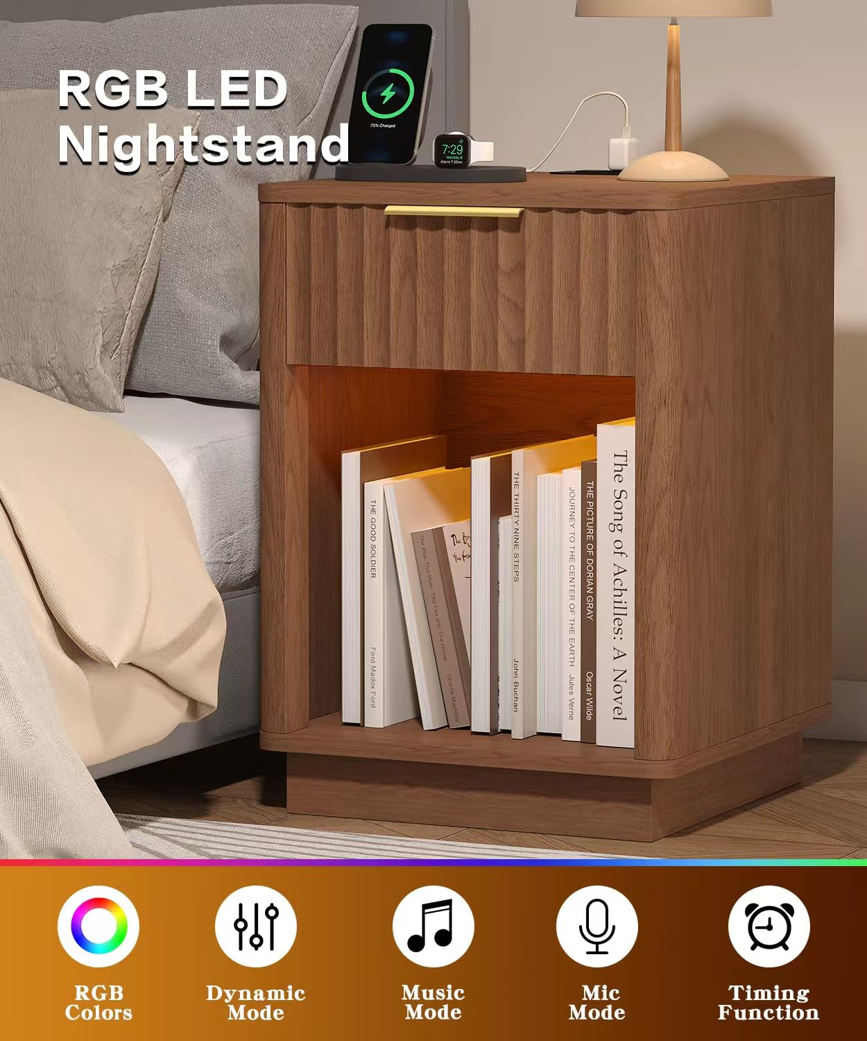 Akxomel nightstand curved contours and sturdy box-frame base for stable support