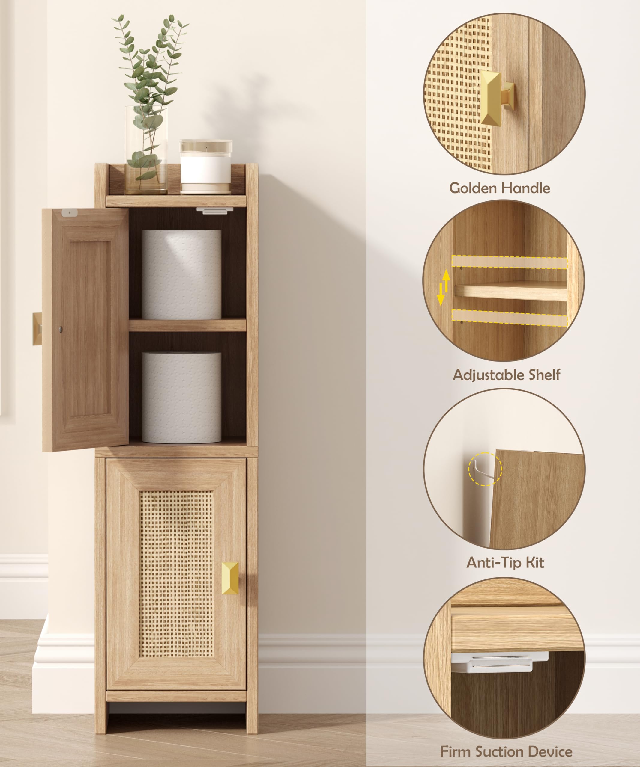 Akxomel rattan cabinet anti-tip and secure door for safety.