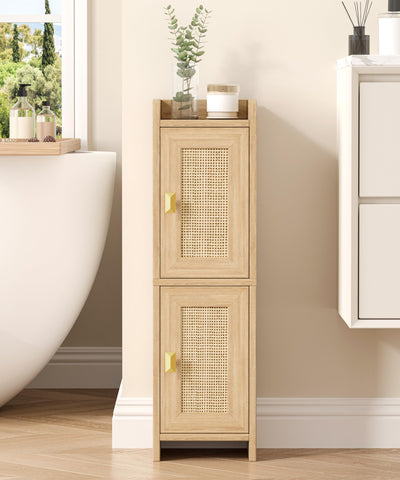 Akxomel rattan cabinet front view showing compact corner storage for small bathrooms.