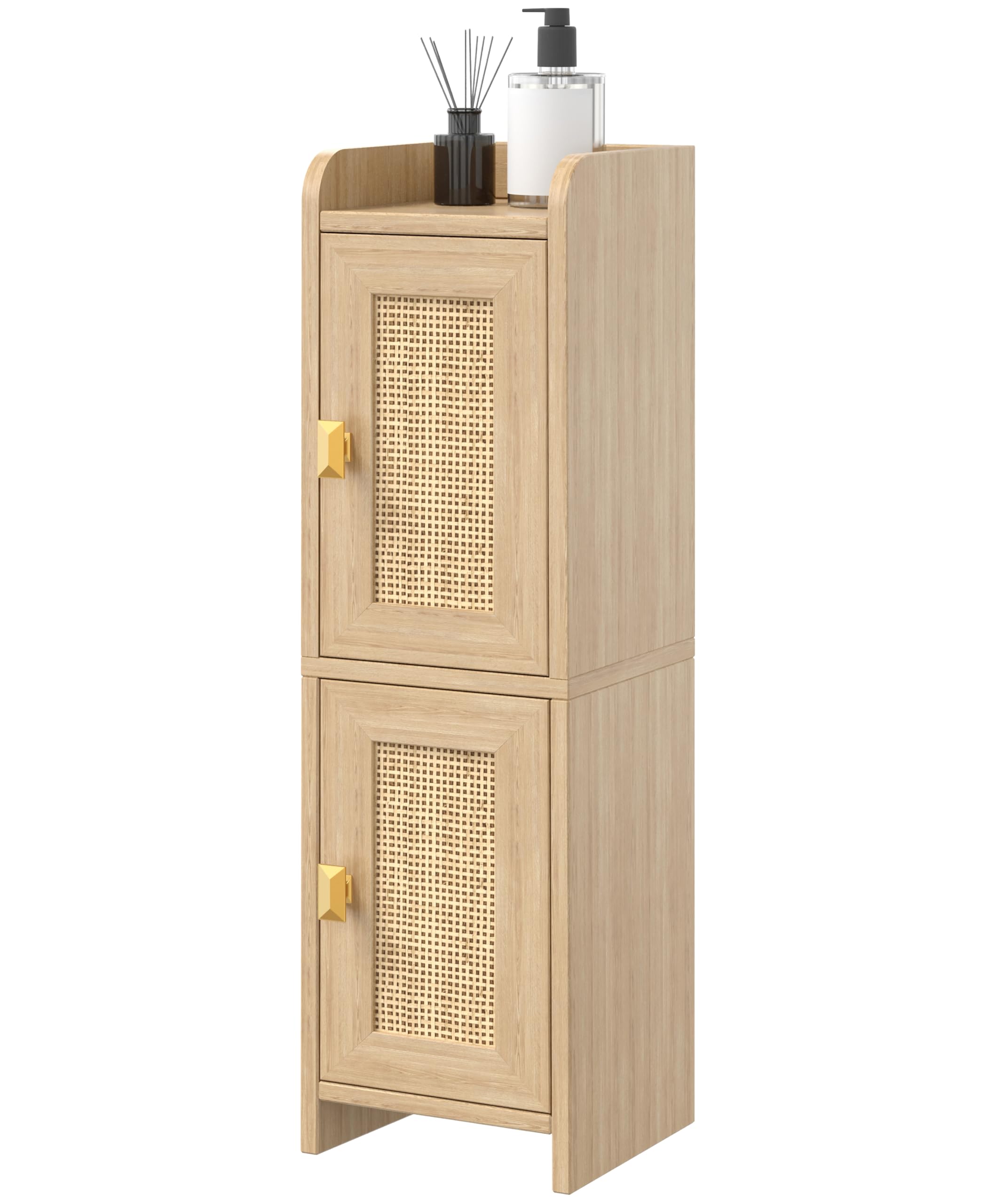 Akxomel rattan cabinet stores toilet paper and towels efficiently.