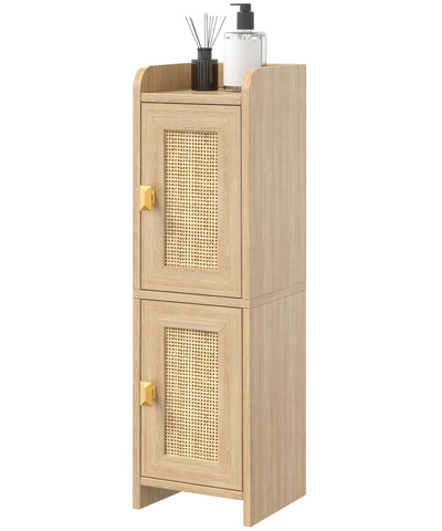 Akxomel rattan cabinet stores toilet paper and towels efficiently.