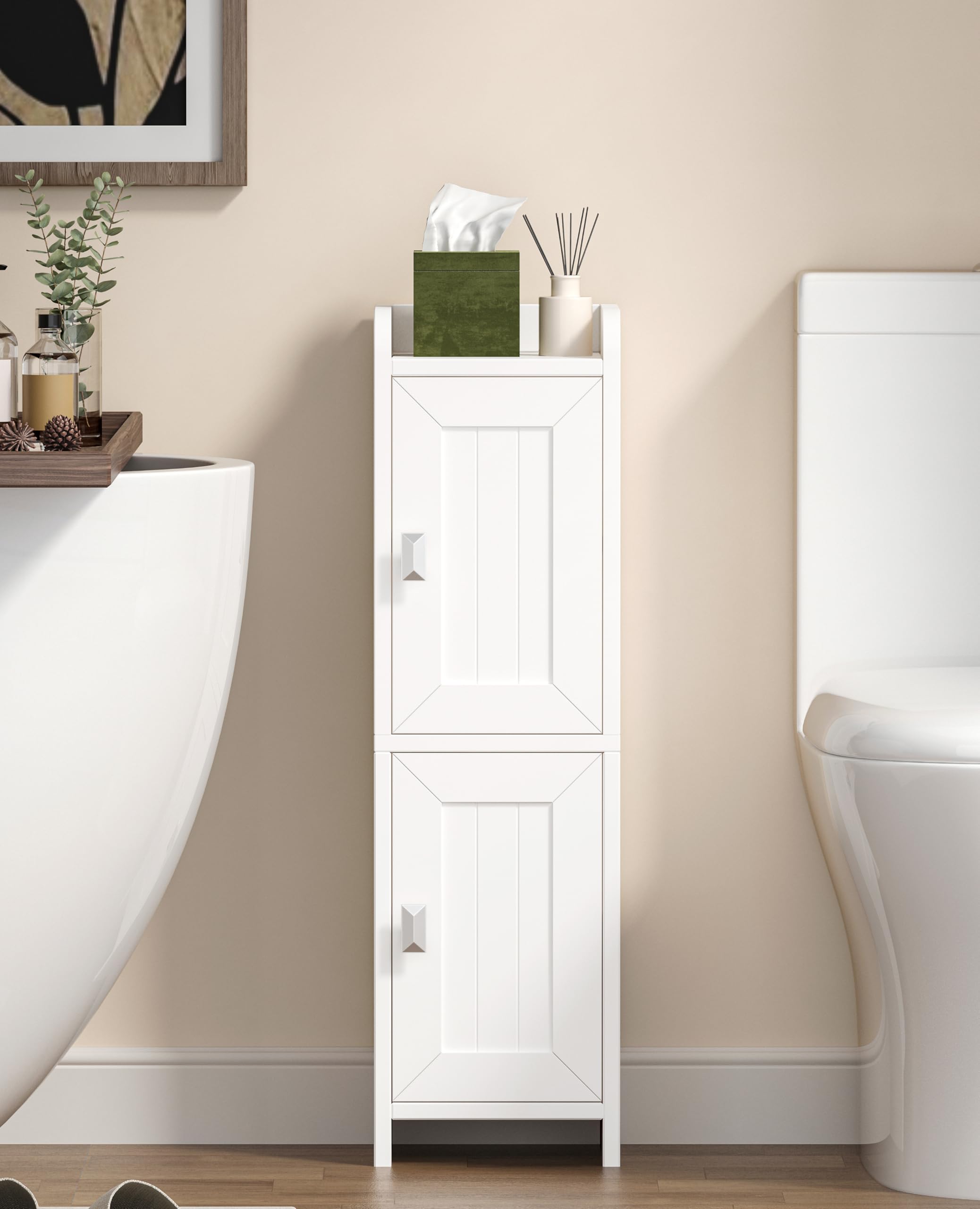 Akxomel small bathroom cabinet front view showing slim storage for towels and essentials.
