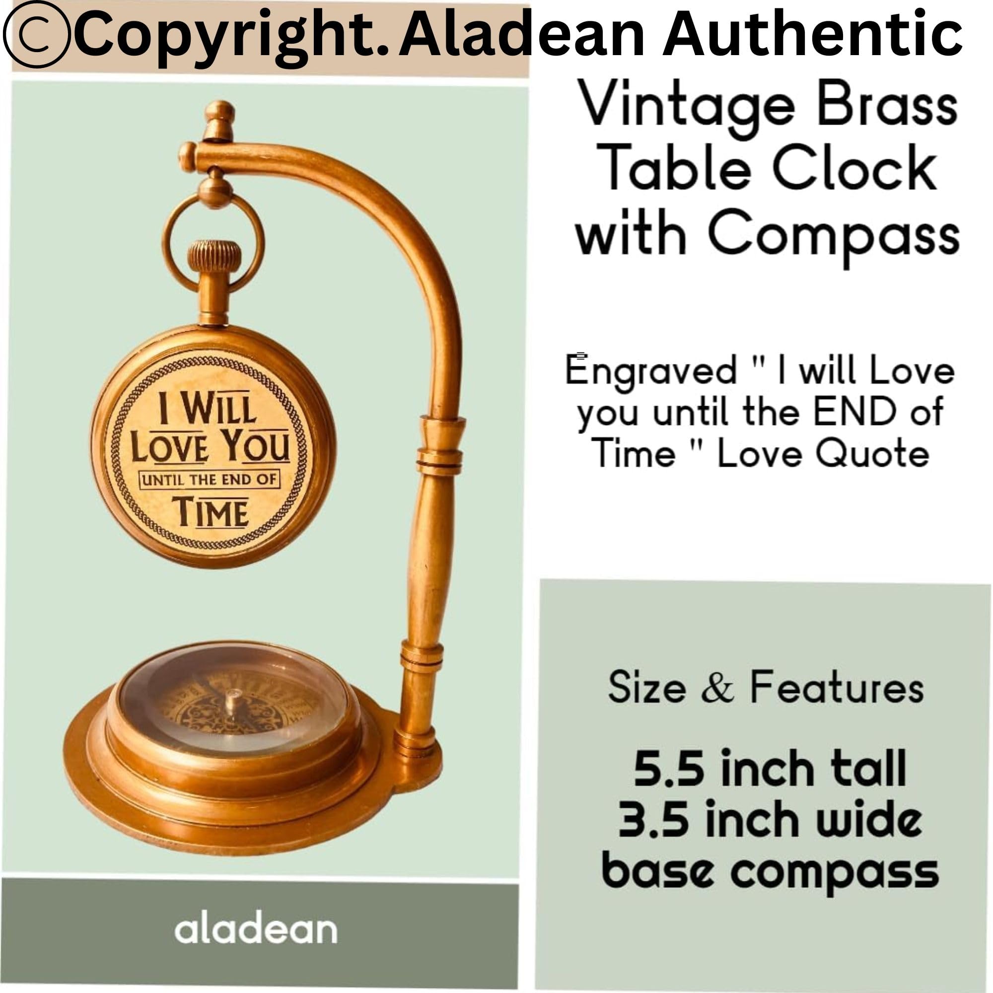 ALADEAN brass table clock with compass closeup engraving, highlights the romantic quote.