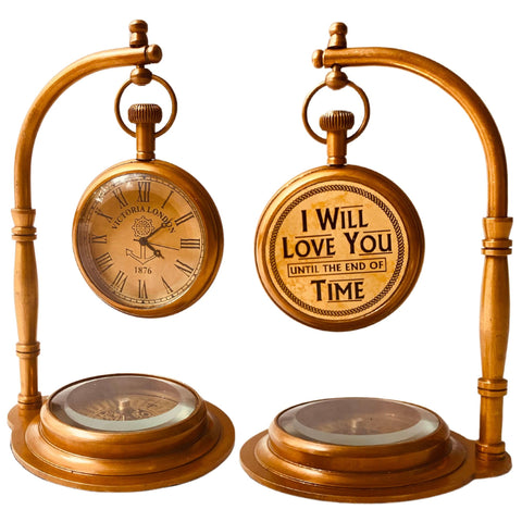 ALADEAN brass table clock with compass front view, adds timeless desk charm.