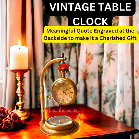 ALADEAN brass table clock with compass size reference, ideal for compact shelves.