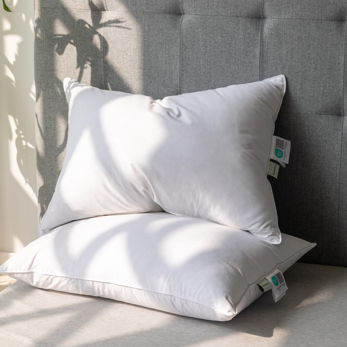 Alanzimo goose-down pillow close-up shows plush filling for enhanced comfort