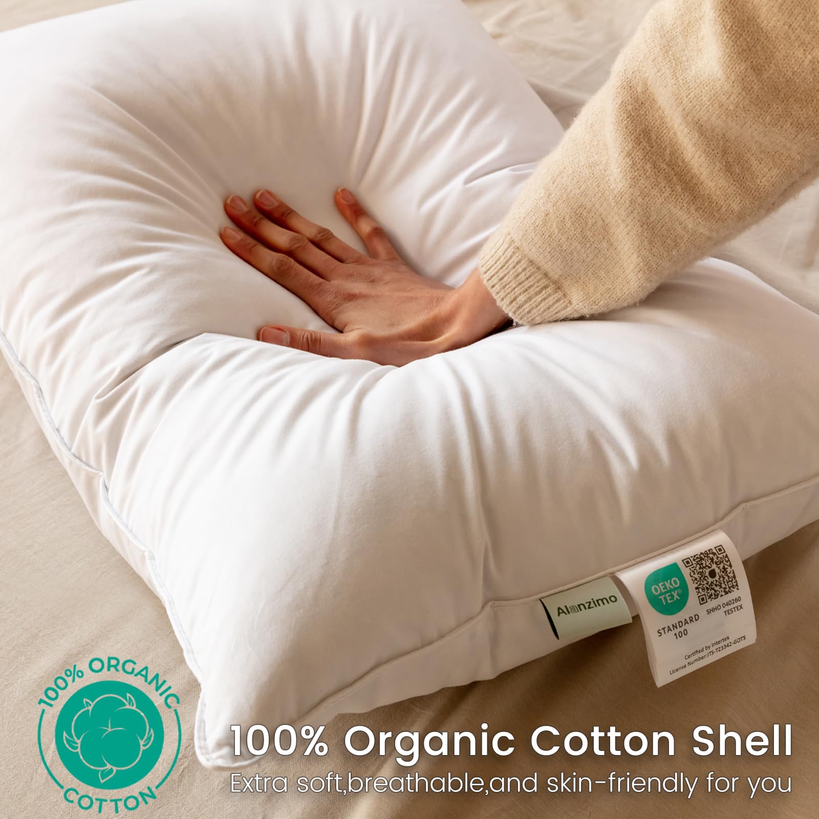 Alanzimo pillow fabric close-up shows 600TC cotton percale for cooling comfort