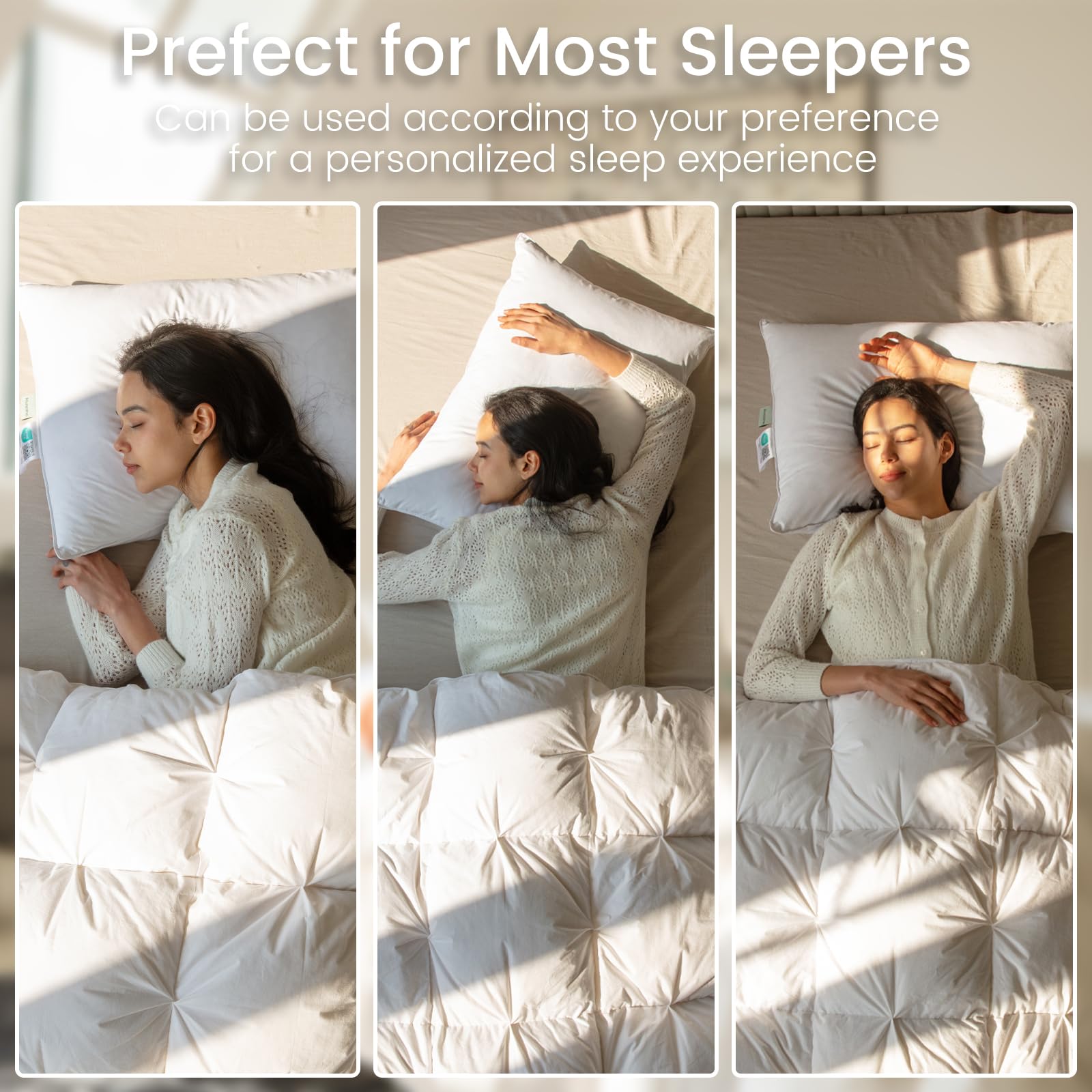 Alanzimo pillows shown with compatibility for side, back, and stomach sleepers