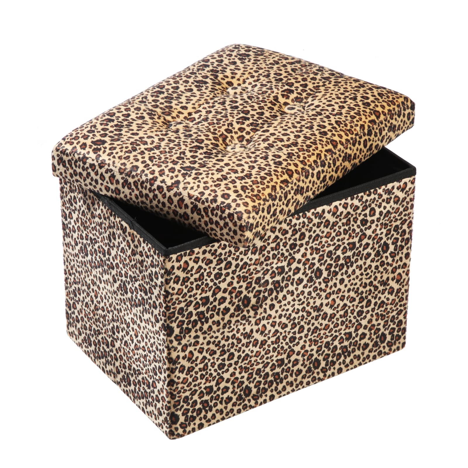 ALASDO leopard-print storage ottoman, 17x13x13 inches, space-saving seating and storage.