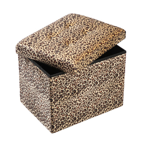 ALASDO leopard-print storage ottoman, 17x13x13 inches, space-saving seating and storage.