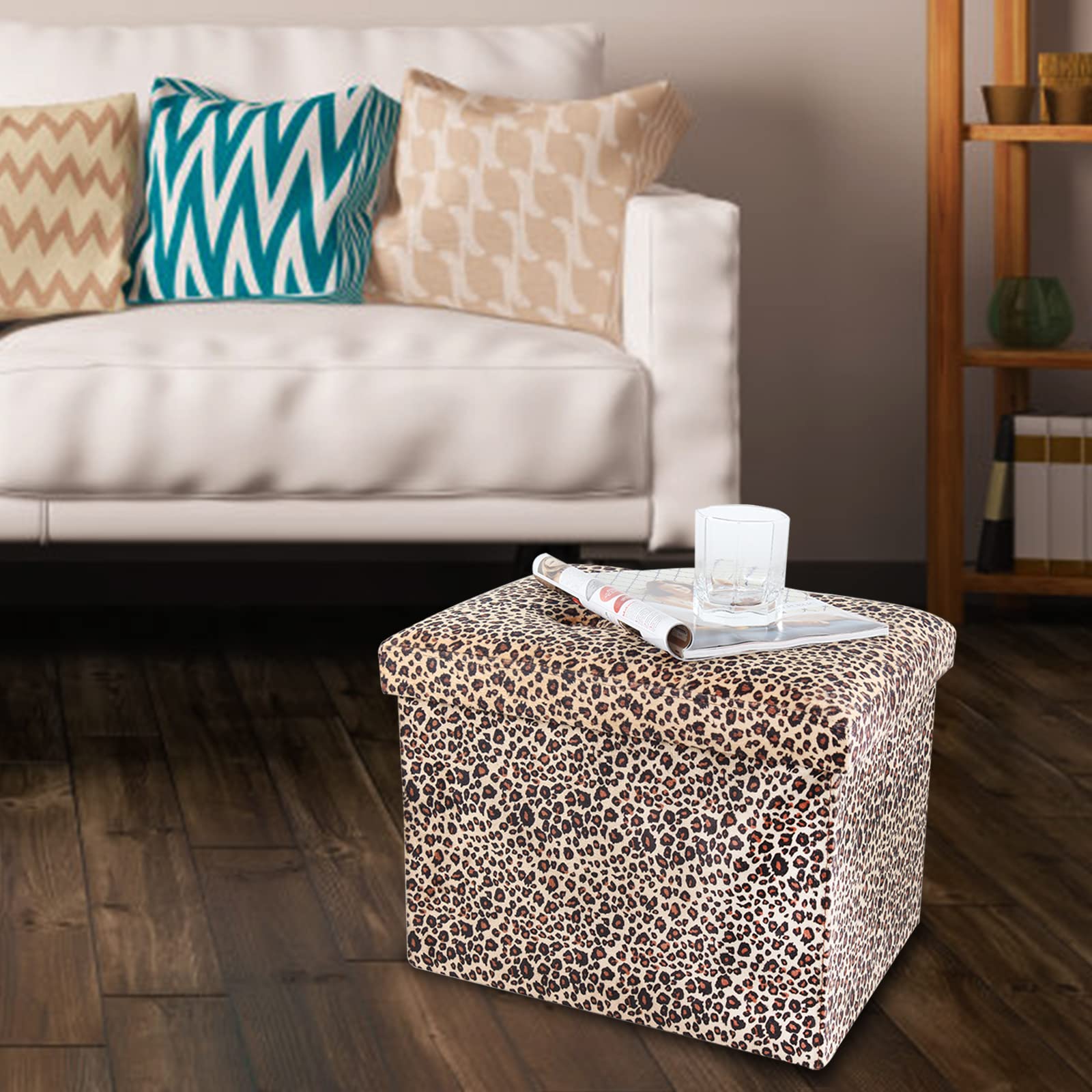 ALASDO living room ottoman adds leopard-print style with practical organization.