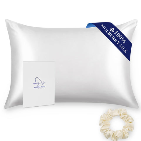 ALASKA BEAR silk pillowcase front view on bed showing full Queen size fit