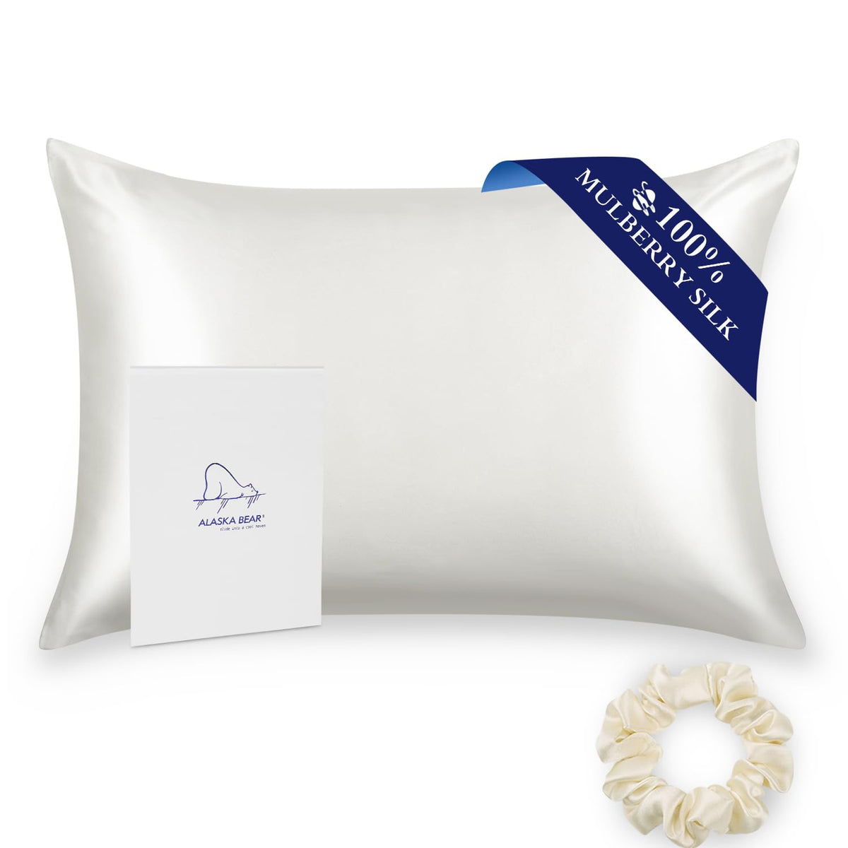 ALASKA BEAR silk pillowcase queen 20x30 front view in ivory for cool, smooth sleep