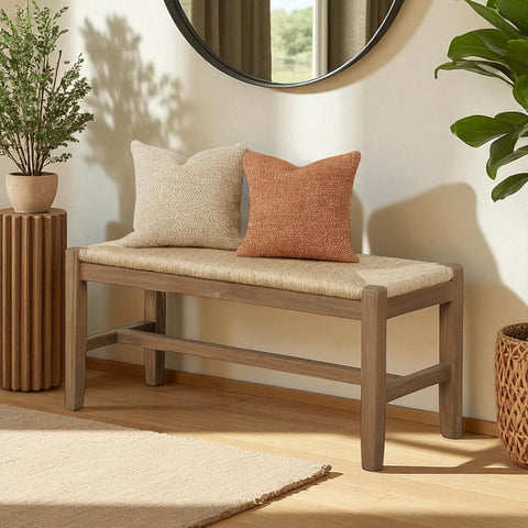 Close-up of Alaterre Newport wood bench showing light amber finish and sturdy construction.