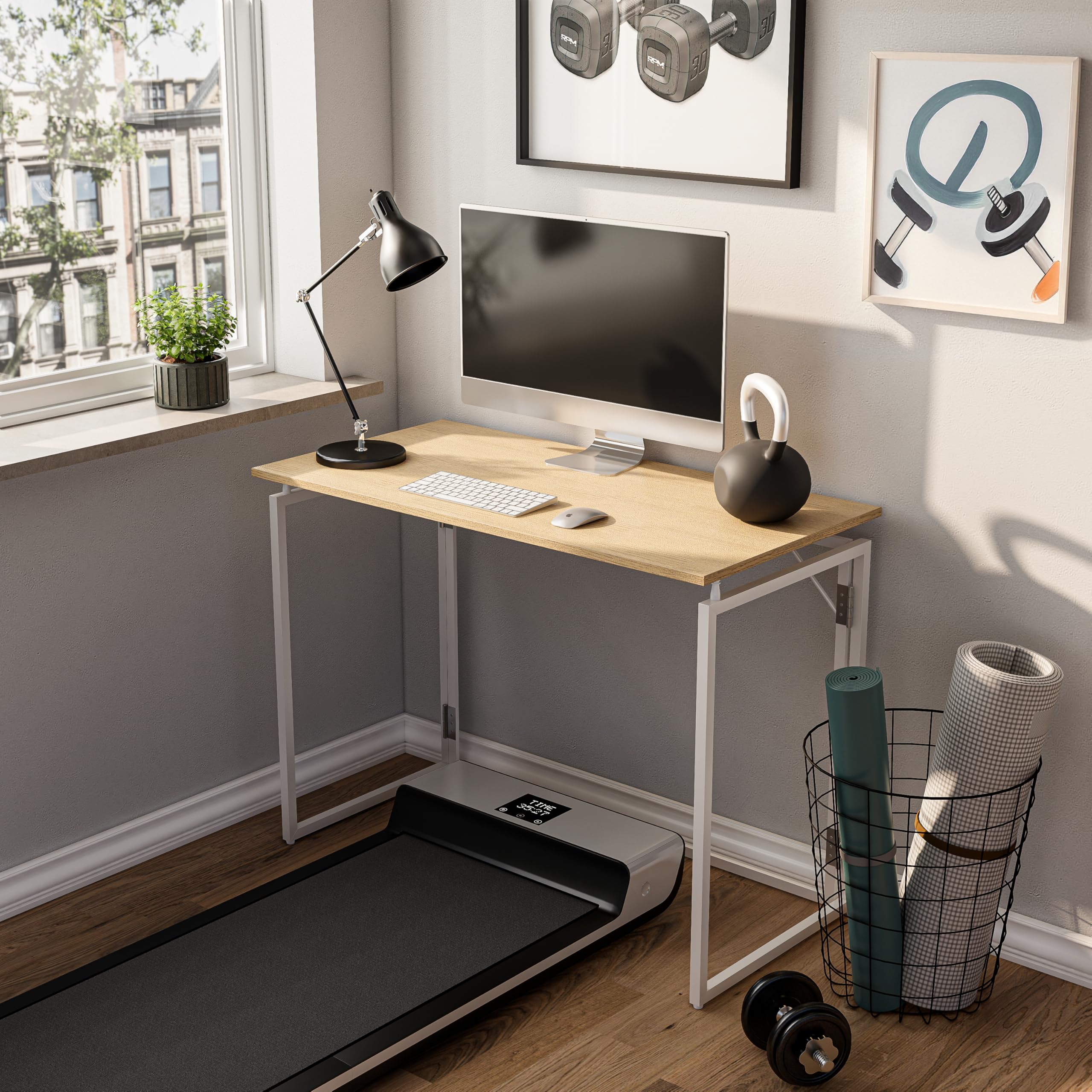 Alawooder Folding Desk provides 39.4” x 19.7” surface for dual monitors.